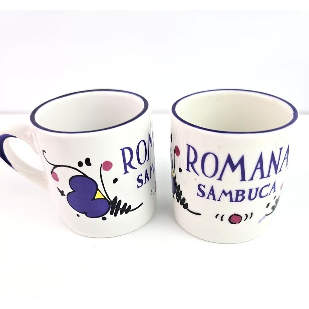 Set of 2 Romana Sambuca Demitasse Espresso Cups White Blue 2.25 in tall
